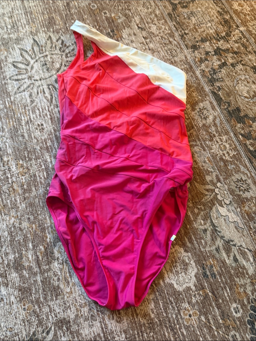 Woman’s One-Piece Swimsuit in Pink and White - Stylish Ruched Design
